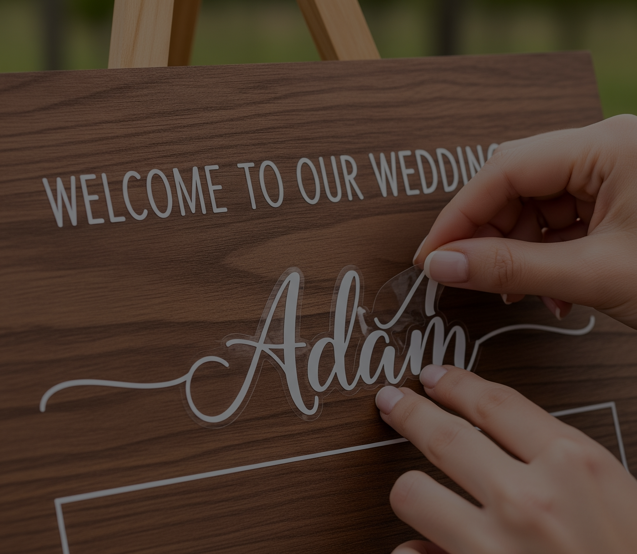 A beautifully customized 3D wedding sign with elegant lettering, ready for DIY personalization, displayed on a rustic wooden table with wedding decorations in the background.